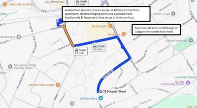 a map showing the approximate location of a bus stop at Douglas Apartment - Trains to Edin & Glasgow - Private Parking in Airdrie
