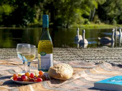 a bottle of wine and a plate of fruit and bread at Cosy 3BR Getaway in Beautiful Country Park - Pass the Keys in Beattock