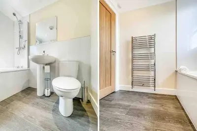 two pictures of a bathroom with a toilet and a sink at Barra Cottage in Ballachulish