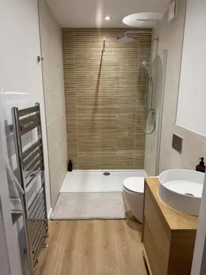 a bathroom with a shower and a toilet and a sink at Spacious & Modern Garden Apartment in Bearsden