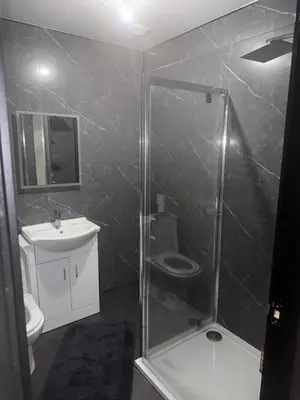 a bathroom with a shower and a sink at Langside apartments 2 in Newhouse