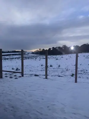 a fence in a snowy field with the moon in the sky at Langside apartments 2 in Newhouse