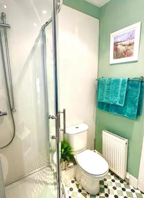 a bathroom with a toilet and a glass shower at Small Cosy Flat in Helensburgh