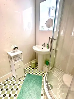 a small bathroom with a sink and a shower at Small Cosy Flat in Helensburgh