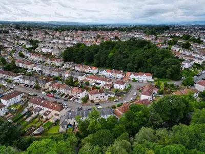 an aerial view of a residential suburb at Cosy 2 bed home Glasgow South in Cathcart