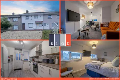a collage of photos of a kitchen and a living room at Boswell House - Modern 3 Bed House East Kilbride Close to Motorway in East Kilbride