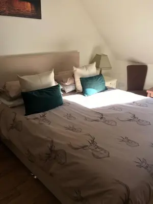 a bedroom with a large bed with blue pillows at Culag Lochside Self Catering in Luss