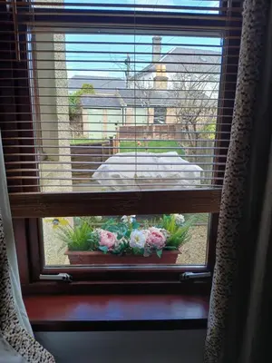 a window with a view of a yard with flowers at Sunset of Largs in Largs