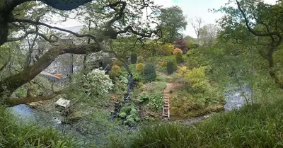 a view of a river with a bridge and trees at The Hidden Mill, Historic Beauty Spot and spa in Castle Douglas
