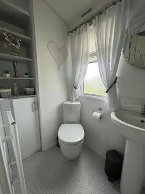 a bathroom with a toilet and a sink and a window at The Linwood at StrathavonRentals in Girvan