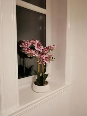 a vase with pink flowers sitting on a window sill at Stevenson Apartment in Oban City in Oban