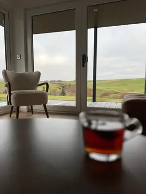 a coffee cup sitting on a table in front of a window at West Riverside Farm in Stirling