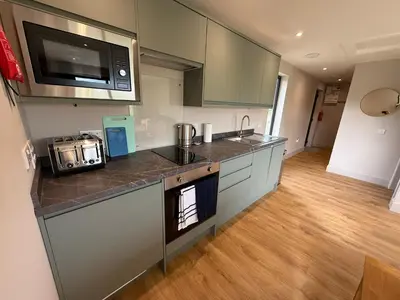 a kitchen with a counter top with a sink and a microwave at Loganlea Lodge in Loanhead