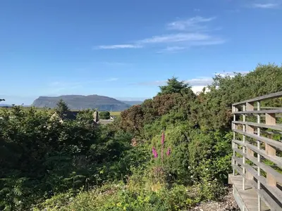 a view of a hill with flowers and a fence at Cala Fearnadh Off-Grid cabin, Bunessan, Mull in Bunessan