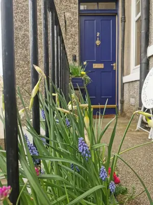 a blue door on a house with purple flowers at Number Two Aberdour - Pretty Village nr Edinburgh in Aberdour