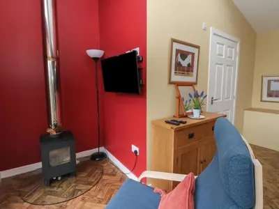 a living room with a red wall with a stove at Tirlaggan Studio in Oban
