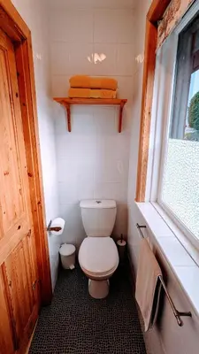 a small bathroom with a toilet and a window at An Carraig Log Cabin in Strathyre