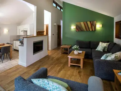a living room with a couch and a fireplace at Ardgartan Argyll Cabins - Forest Holidays in Arrochar