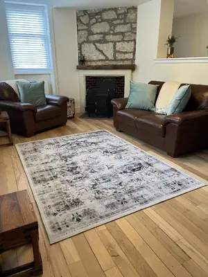 a living room with two couches and a rug at The Butler's Flat at Solsgirth Home Farm in Dollar