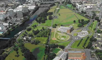an aerial view of a park in a city at 2 Bed on the Glasgow Green in Glasgow