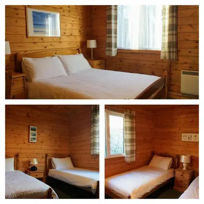 two pictures of a bedroom with a bed and two windows at Killin Highland Lodges in Killin