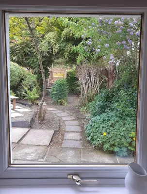 a view of a garden through a window at Coach House Cottage a cosy, detached hideaway with garden, nr the sea in Innellan
