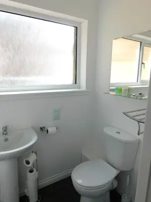 a white bathroom with a toilet and a sink at No 3 - Modern Studio Apartment in Lanark Town Centre in Lanark