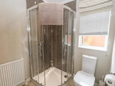 a bathroom with a shower with a toilet and a window at Lodge 2 in Auchterarder