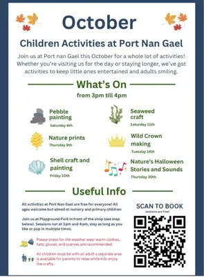 a poster for a children activities art port mange at The Hideouts at Port nan Gael Campsite in Pennyghael