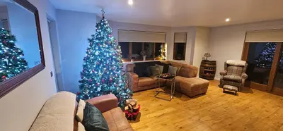 a living room with a christmas tree in it at Auchenhill Lodge in Denny