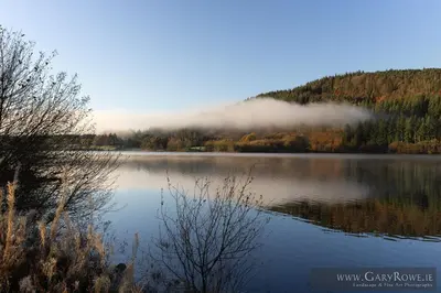 a view of a lake with fog on the water at Red Kite Eco Bothy - with Hot Tub in Castle Douglas