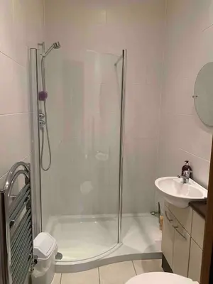 a bathroom with a shower and a sink at Tan Y Bedw Barn in Moffat