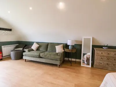 a living room with a couch and a dog in a mirror at Insh in Oban