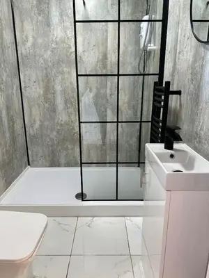 a bathroom with a shower with a toilet and a sink at Scotney Retreat in Moffat
