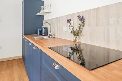 a kitchen with blue cabinets and a sink with flowers at Luxury 2 Bed cottage in Killin in Killin