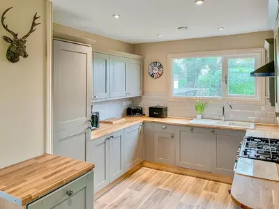 a kitchen with white cabinets and a window at Ardvenhor in Gartocharn