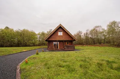 a small cabin in the middle of a grass field at Lodge 2 in Stirling