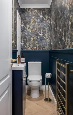 a bathroom with a toilet and a blue wall at Sapphire Suite, The Stirling Residence in Stirling