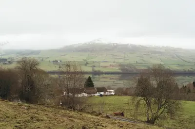 a house in a field with a mountain in the background at Ardtalnaig House, Loch Tay in Ardtalnaig