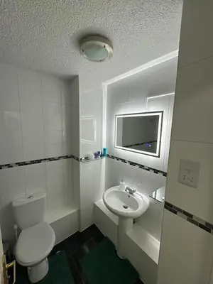 a white bathroom with a toilet and a sink at Cosy two bedroom flat in Glasgow