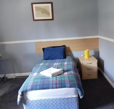 a bedroom with a bed with a plaid blanket and a night stand at Pokój 1osobowy in Moffat
