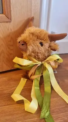a brown teddy bear with a yellow bow on the floor at Thistle & Tide in Edinburgh
