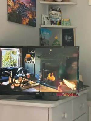 a fish tank sitting on a table with a fireplace at Edinburgh Home from Home in Edinburgh