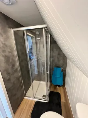 a bathroom with a shower in the attic at Tiny home on an organic croft, Isle of Arran in Kildonan