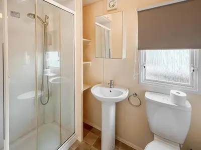 a bathroom with a toilet and a shower and a sink at Platinum in Newton Stewart