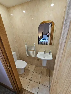 a bathroom with a toilet and a sink and a mirror at No 8 Lomond Castle in Luss