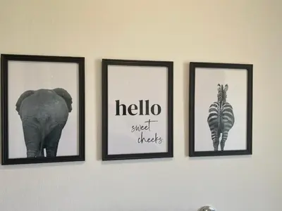 three pictures of an elephant and a zebra on a wall at Glen Cannich - Top Location, 2BR Accessible apt in Inverkeithing
