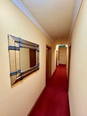 an empty hallway with a red carpet and a window at The Villa Hamilton in Hamilton