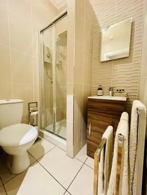 a bathroom with a toilet and a shower and a sink at Isle Be Back-Ground Floor Flat in Millport