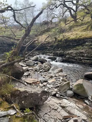 a river with rocks and trees on a hill at Fortingall Cottage - Dalmally in Dalmally